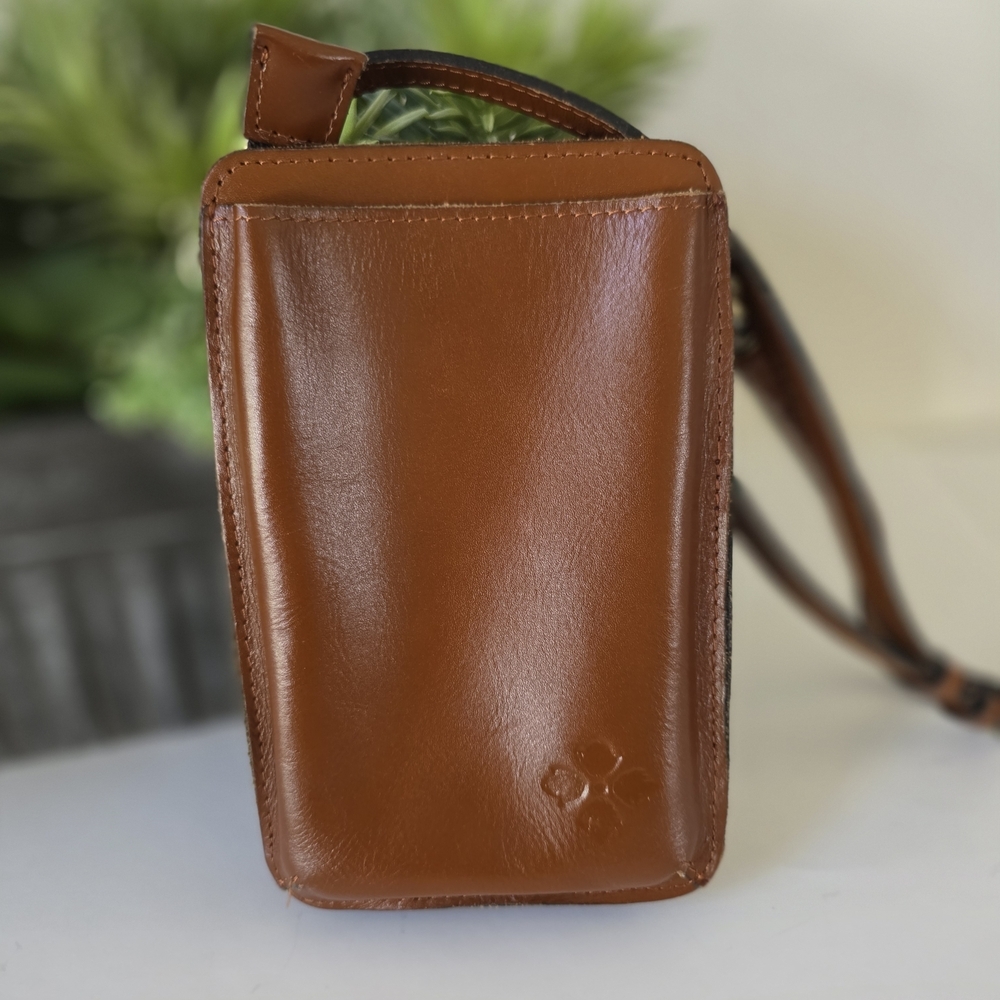 Patricia Nash Woven Rattan Cognac Leather Phone Crossbody Bag Boho Resort Summer - Picture 3 of 11
